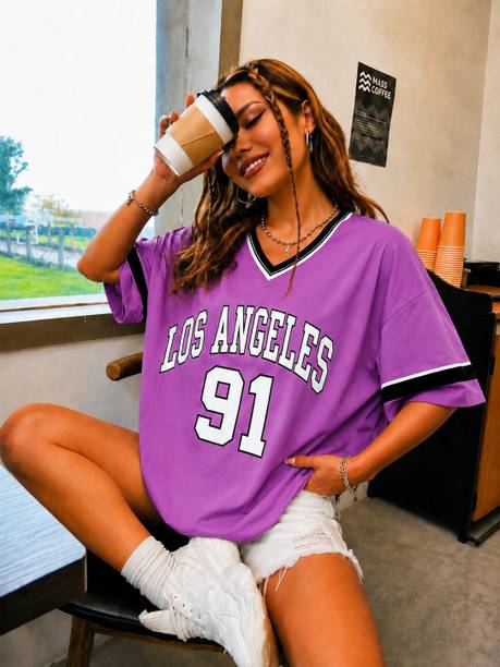 Women Typography V Neck Pure Cotton Purple T-Shirt