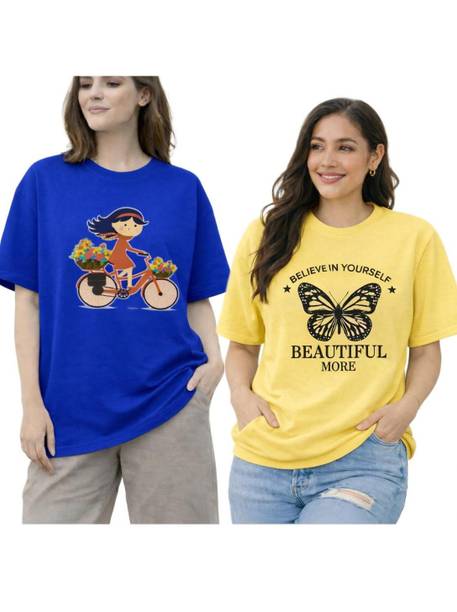 Women Printed Round Neck Cotton Blend Blue, Yellow T-Shirt