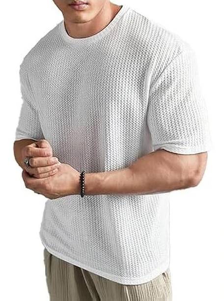 Men Solid Round Neck Polycotton White T-Shirt