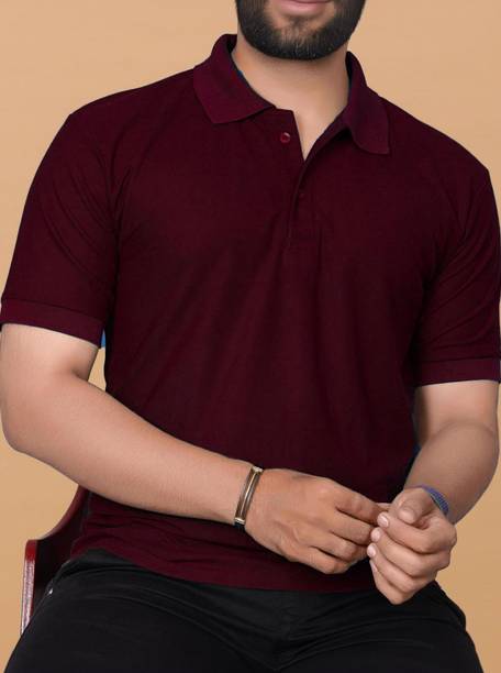 Men Solid Polo Neck Polyester Maroon T-Shirt