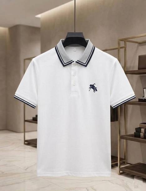 Men Embroidered, Striped Polo Neck Polycotton White T-Shirt