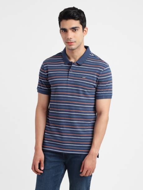 Men Striped Polo Neck Pure Cotton Navy Blue T-Shirt Price in India