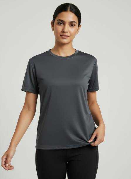 Metronaut Women Round Neck Cotton Blend Grey T-Shirt