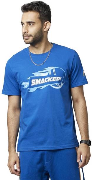 Men Graphic Print, Typography Round Neck Pure Cotton Blue T-Shirt