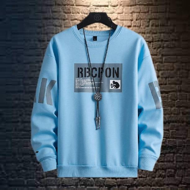 Men Typography Round Neck Cotton Blend Light Blue T-Shirt