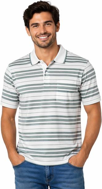 Men Striped Polo Neck Cotton Blend White, Green T-Shirt