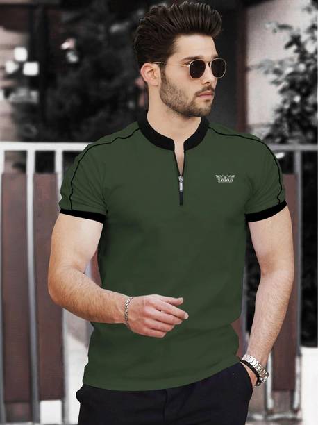Men Solid Henley Neck Cotton Blend Dark Green, Black T-