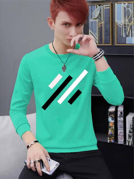 Men Printed Round Neck Pure Cotton Light Green T-Shirt