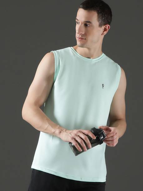 Aqua Blue Polyester Dry Fit Round Neck Sleeveless T-Shirt For Men Solid Round Neck Polyester Blue T-Shirt