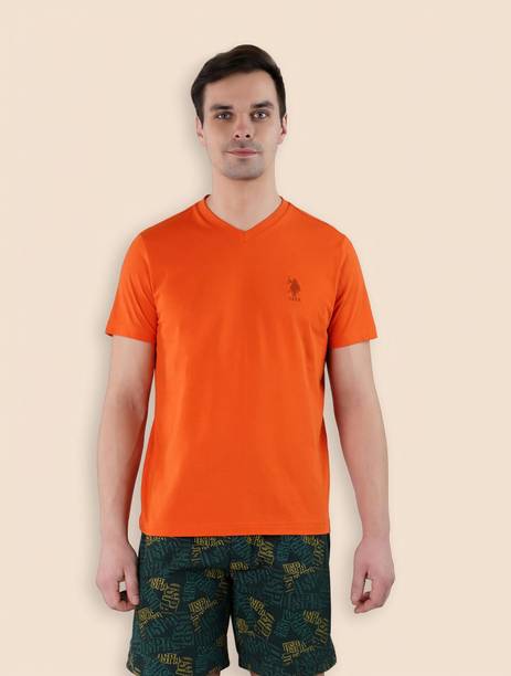 Men Solid V Neck Cotton Blend Orange T-Shirt
