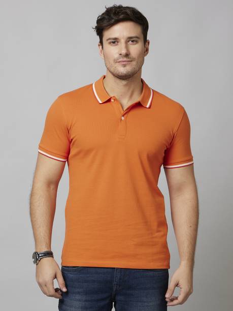 Men Solid Polo Neck Cotton Blend Orange T-Shirt