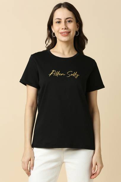 Women Typography Round Neck Pure Cotton Black T-Shirt