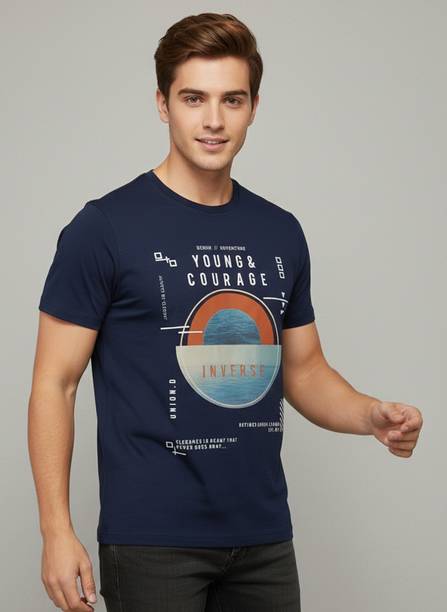 Men Graphic Print Round Neck Cotton Blend Dark Blue T-Shirt