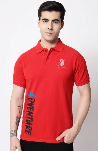 Men Typography Polo Neck Cotton Blend Red T-Shirt