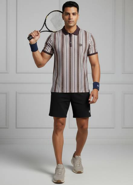 Men Striped Polo Neck Polyester Brown T-Shirt