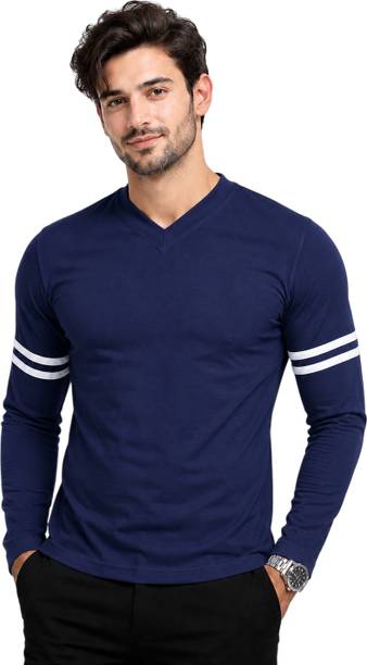 Men Solid, Striped V Neck Cotton Blend Dark Blue T-Shirt