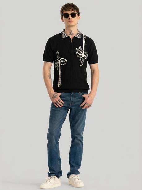 Men Self Design Zip Neck Pure Cotton Black T-Shirt