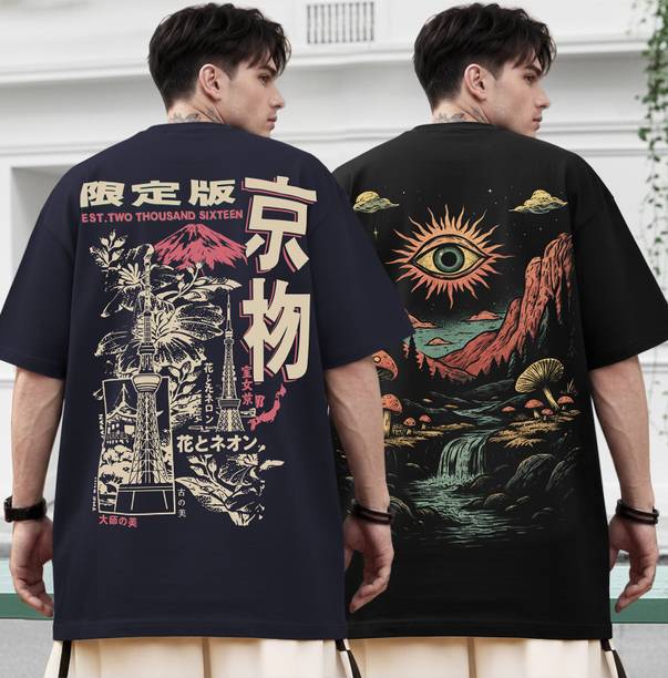 Pack of 2 Men Graphic Print Round Neck Cotton Blend Navy Blue, Black T-Shirt