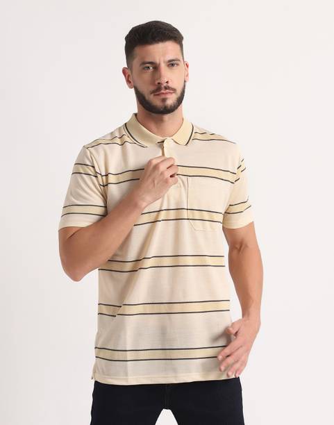 INKKR Men Striped Polo Neck Polycotton Beige T-Shirt
