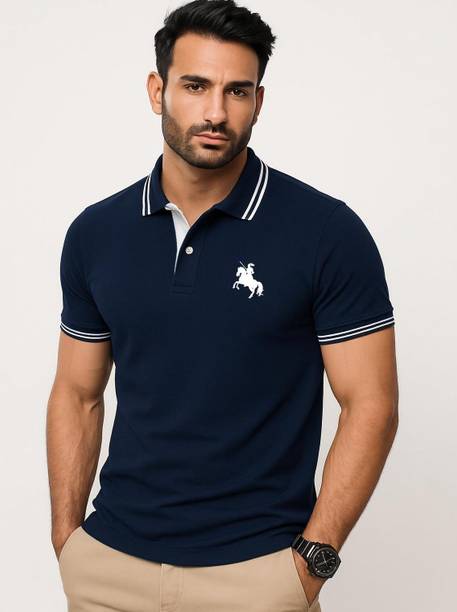 Men Solid Polo Neck Cotton Blend Navy Blue T-Shirt