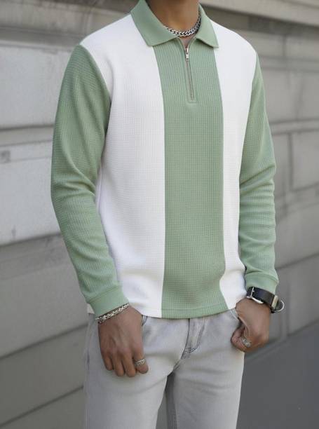 Try This Men Colorblock Polo Neck Cotton Blend Light Green T-Shi...