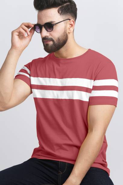 Men Striped Round Neck Cotton Blend Pink, White T-Shirt Price in India