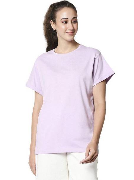 Women Solid Round Neck Pure Cotton Purple T-Shirt