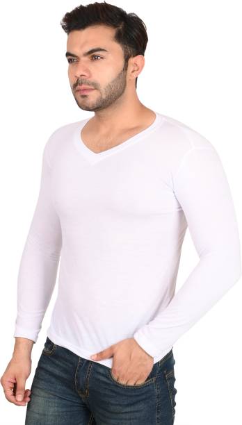 Debut Solid Men V Neck White T-Shirt