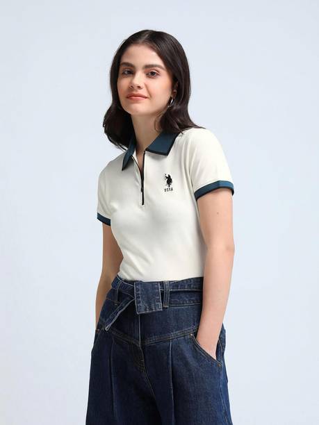 Women Solid Polo Neck Cotton Blend White T-Shirt