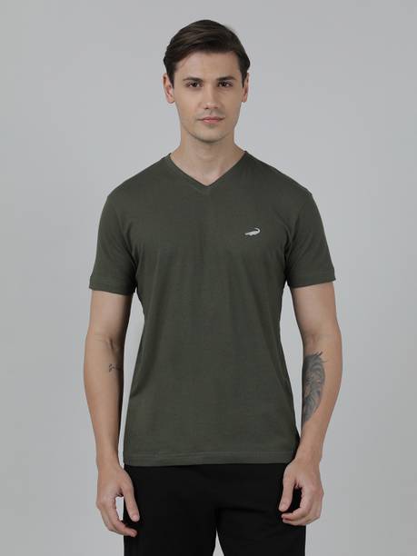 Men Solid V Neck Pure Cotton Green T-Shirt