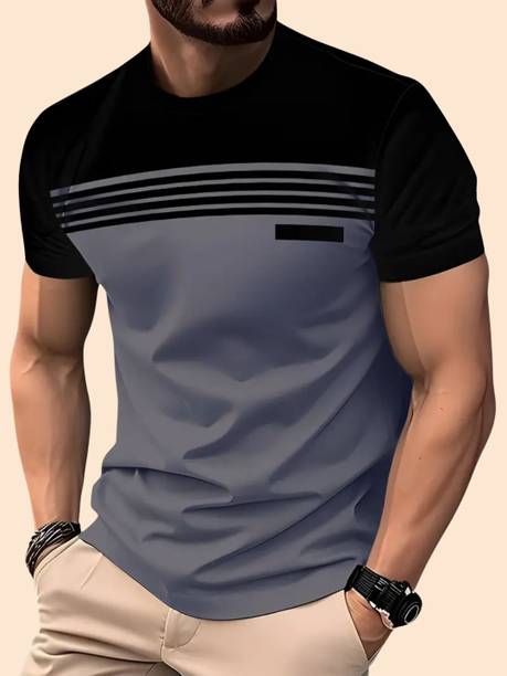 Men Striped, Colorblock Round Neck Polyester Grey T-Shirt