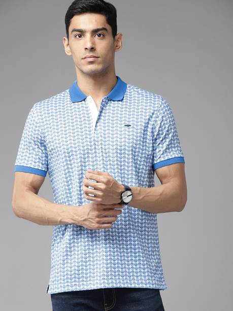 PARK AVENUE Men Printed Polo Neck Cotton Blend Dark Blue T-Shirt