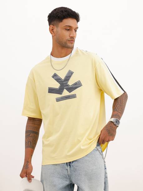 Men Printed Crew Neck Pure Cotton Yellow T-Shirt