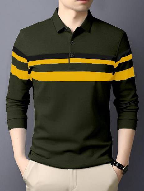 Men Colorblock Polo Neck Cotton Blend Dark Green, Black