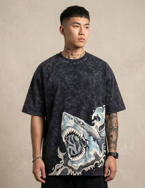 Men Graphic Print, Washed Round Neck Pure Cotton Black T-Shirt