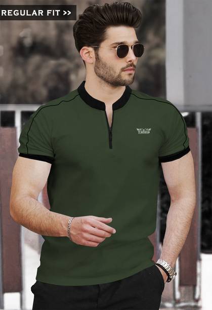 TRIPR Men Solid Mandarin Collar Cotton Blend Dark Green, Black T-