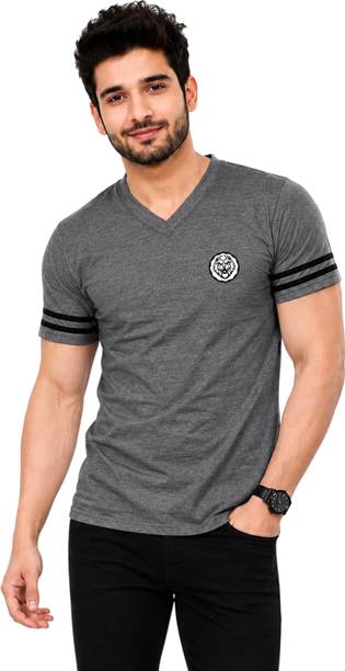 Men Graphic Print V Neck Cotton Blend Grey T-Shirt