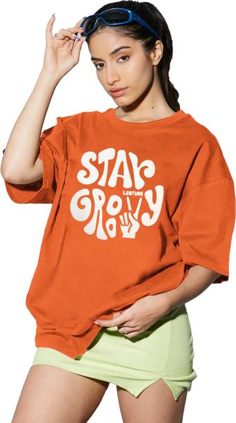 Women Printed Round Neck Cotton Blend Orange T-Shirt