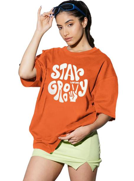 Women Printed Round Neck Cotton Blend Orange T-Shirt