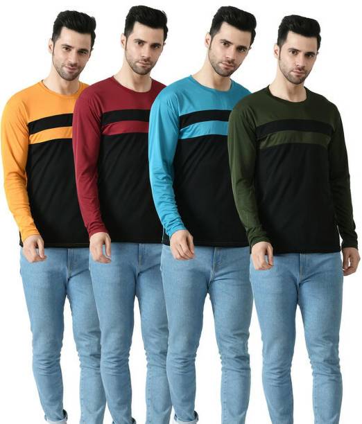 Pack of 4 Men Colorblock Round Neck Polyester Multicolor T-Shirt Price in India