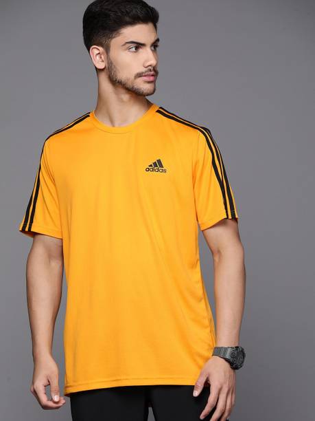 IN SMU3S CO T Men Striped Round Neck Polyester Gold T-Shirt