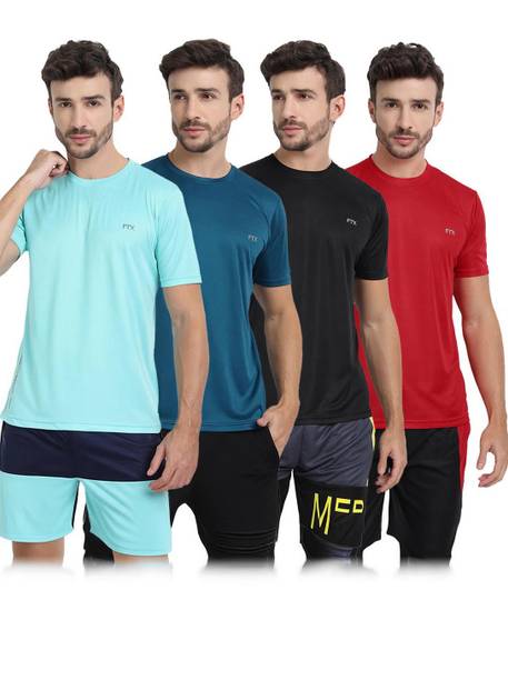 Pack Of 4 Men Solid Round Neck Polyester Light Blue,