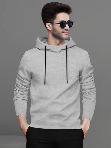 Men Solid Hooded Neck Cotton Blend Grey T-Shirt