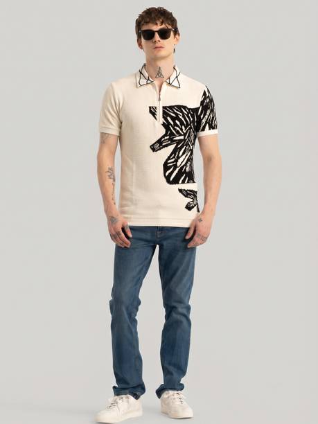 Men Self Design Zip Neck Pure Cotton Multicolor T-Shirt