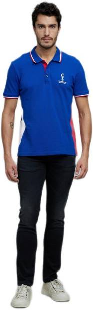 LCEFIFAF2 Men Printed Polo Neck Pure Cotton Blue T-Shirt