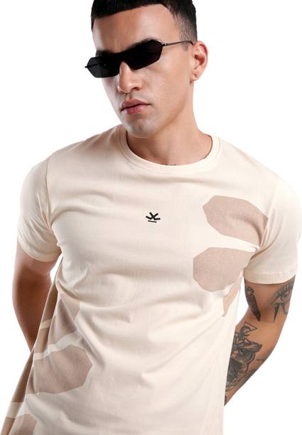 Men Solid Crew Neck Pure Cotton Beige T-Shirt
