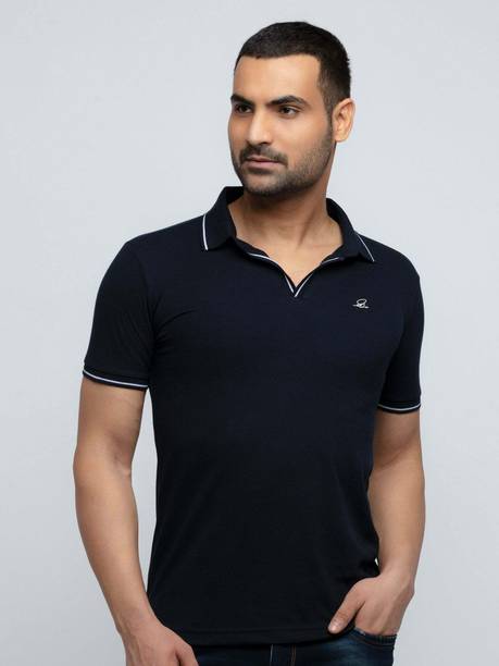 Status Quo Men Solid Polo Neck Polycotton Navy Blue T-Shirt