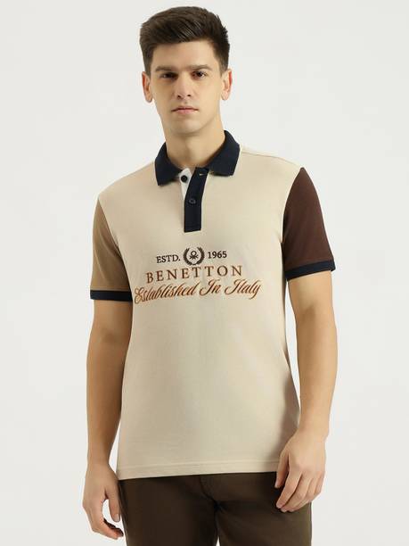 Men Embroidered Polo Neck Pure Cotton Beige T-Shirt
