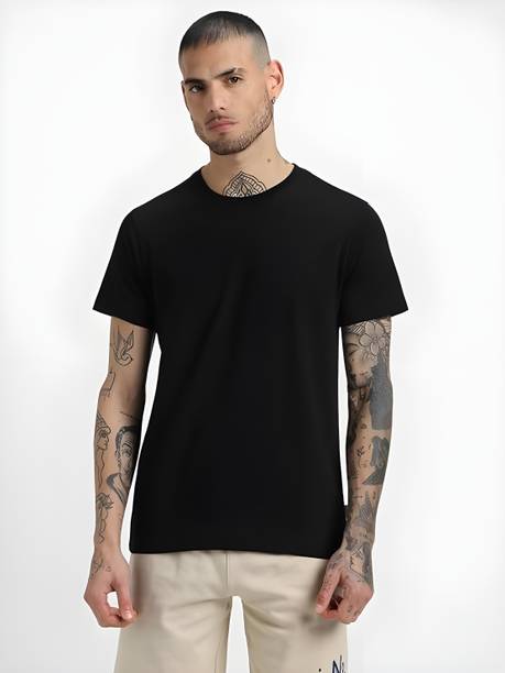 Kaido Solid Men Round Neck Black T-Shirt