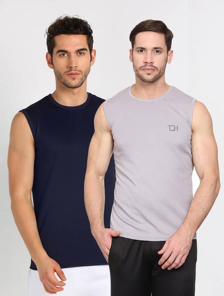 Pack of 2 TQH Solid Men Round Neck Sleeveless Navy Blue, Light Grey T-Shirt Men Solid Round Neck Polyester Dark Blue, Grey T-Shirt